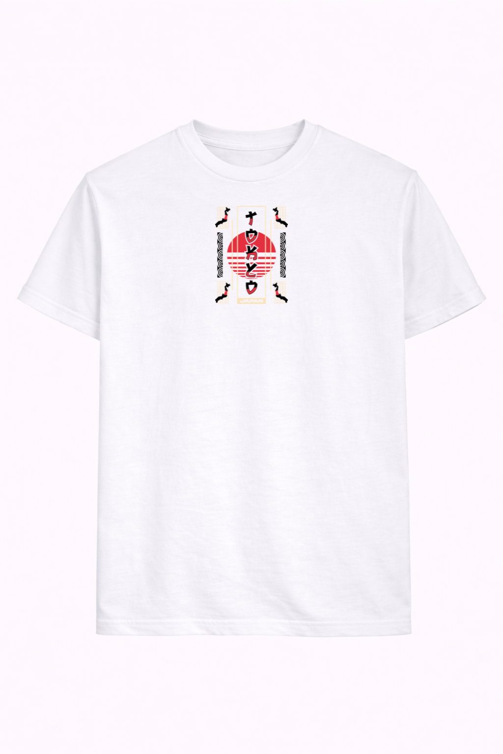 White t-shirt with Japan-inspired red sun and Japanese text graphic, minimalist streetwear