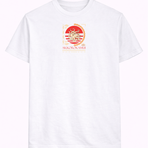 White t-shirt with red and gold Japanese octopus graphic and Akkorokamui text.