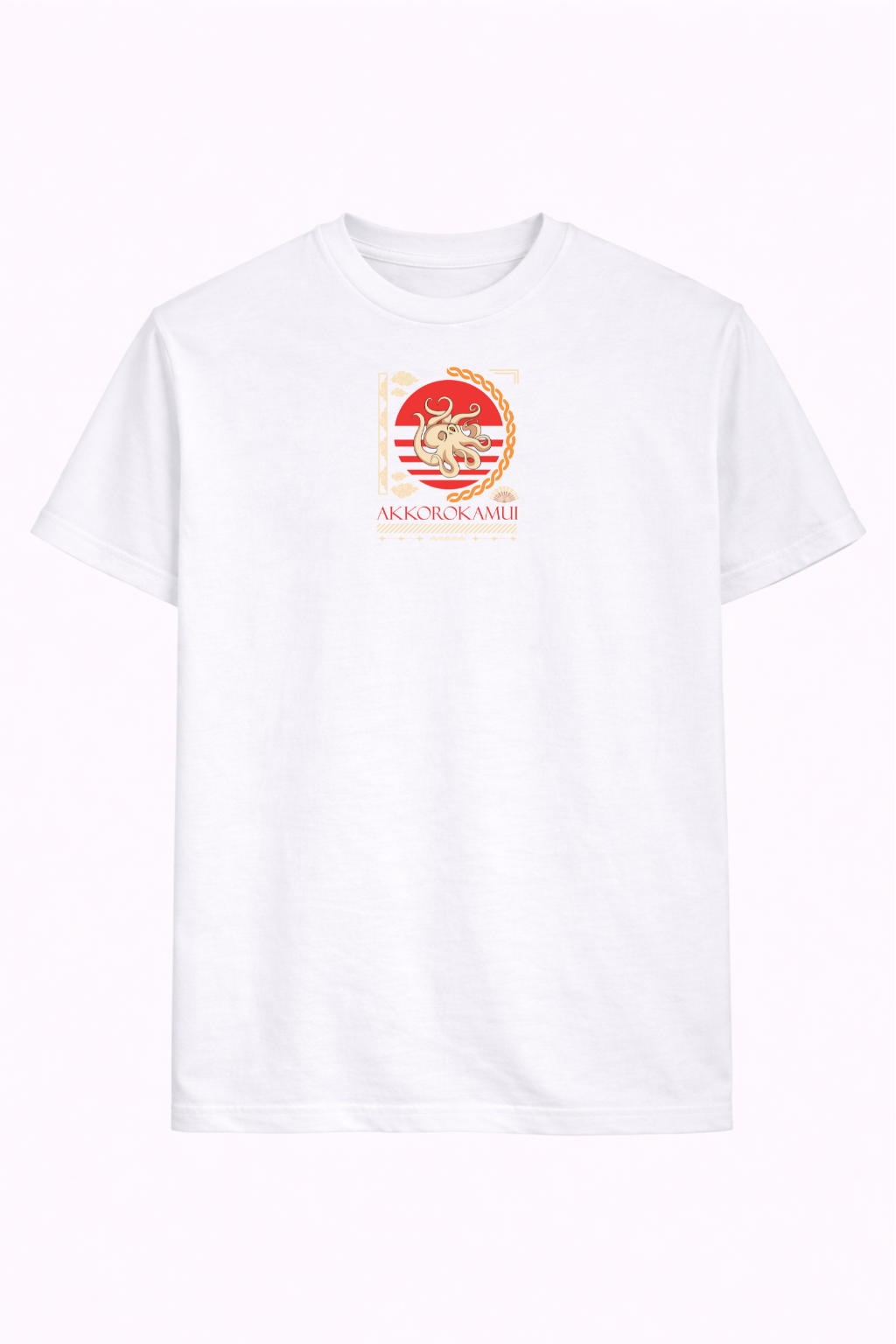 White t-shirt with red and gold Japanese octopus graphic and Akkorokamui text.