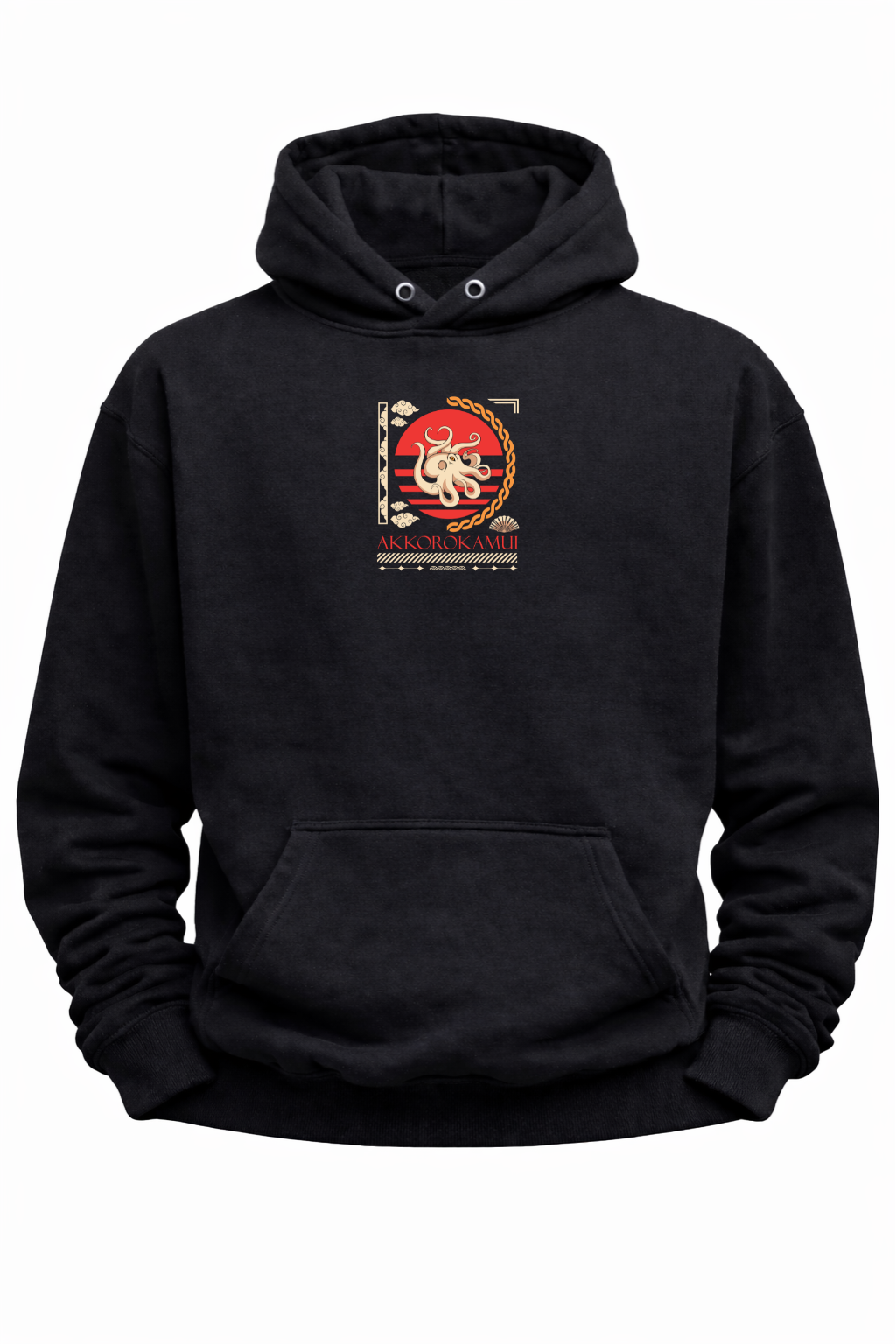 Black hoodie with Akkorokamui octopus graphic and Japanese-inspired red circle design