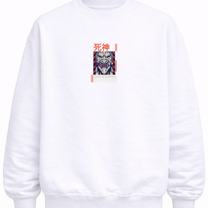 White crewneck sweatshirt with bold samurai mask graphic and Japanese kanji on front center