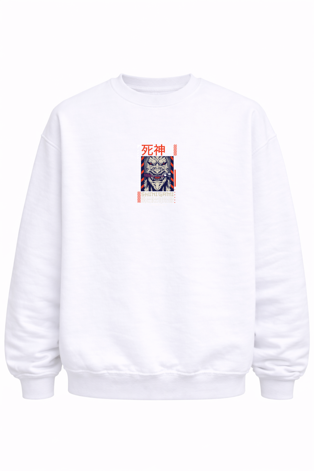 White crewneck sweatshirt with bold samurai mask graphic and Japanese kanji on front center