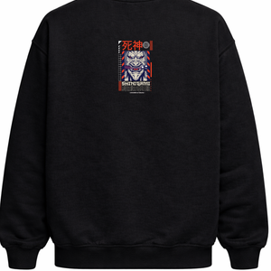 Black crewneck sweatshirt with Japan-inspired shinigami graphic on the back