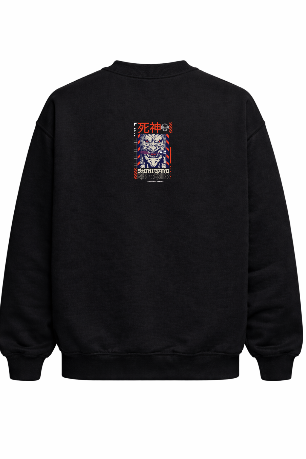 Black crewneck sweatshirt with Japan-inspired shinigami graphic on the back