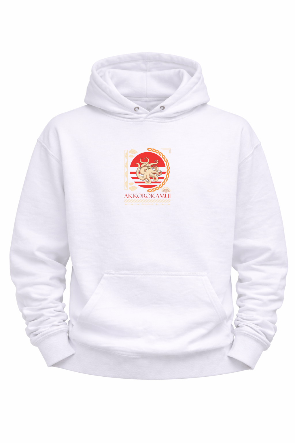 White hoodie with Japan-inspired Akkorokamui octopus graphic and red sun design