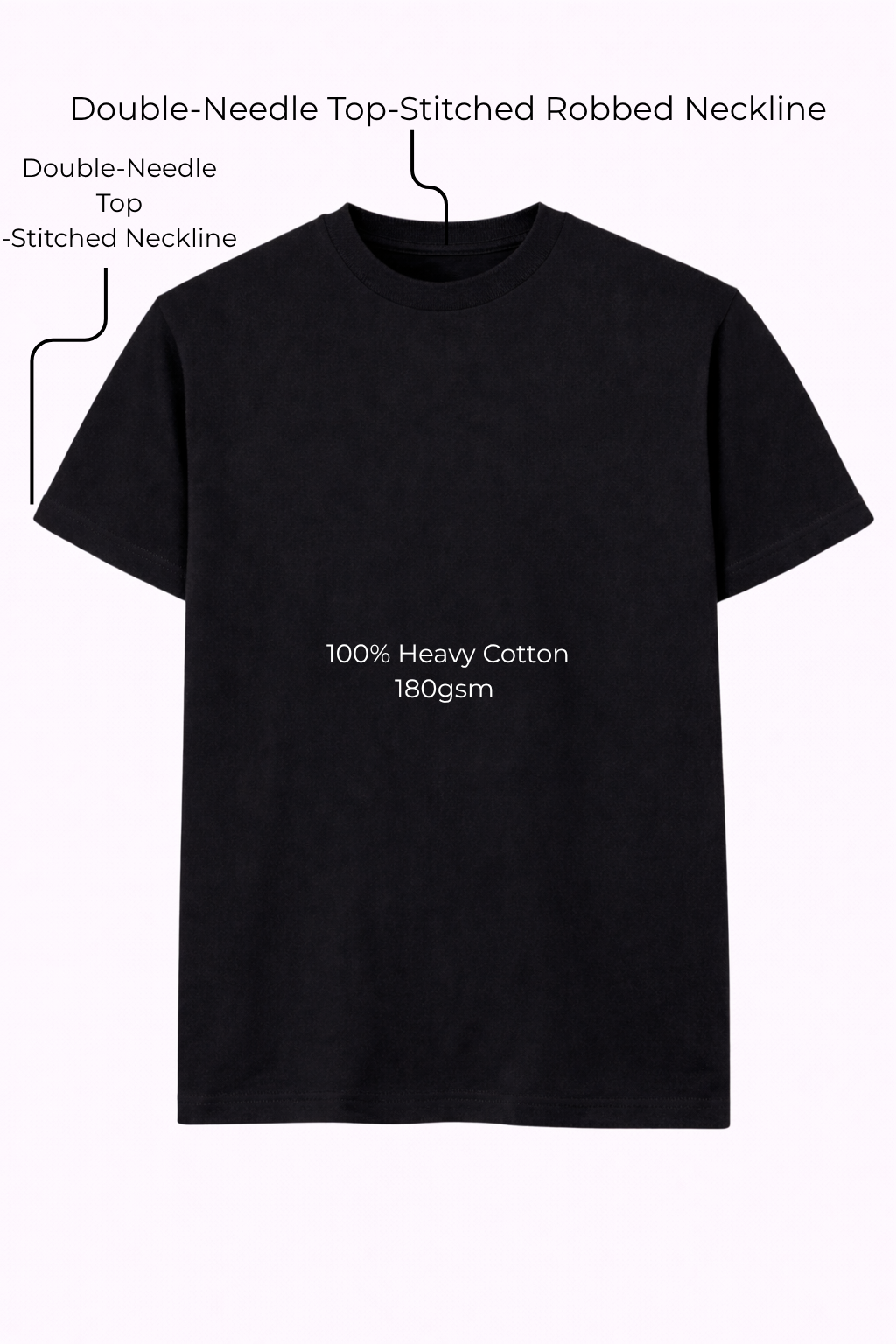 Black t-shirt with text detailing features on a white background